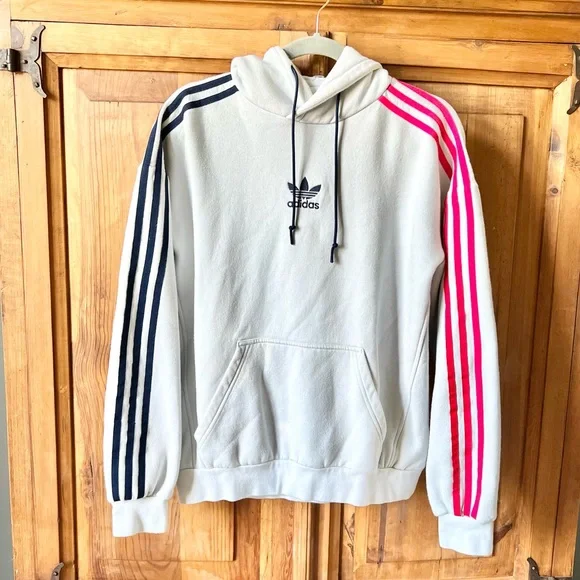 Adidas Men’s Light Gray Blue Red Stripe Hooded Sweatshirt Size Small